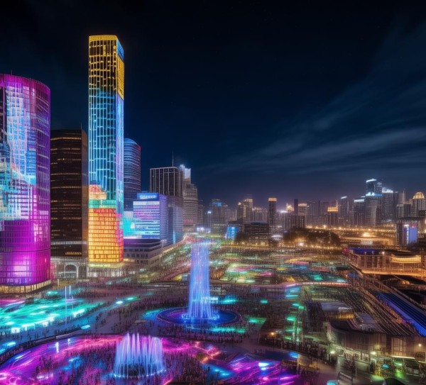 夜幕降临，潞城商贸广场的璀璨夜景